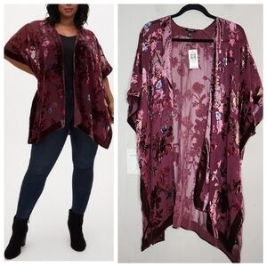 NWT Torrid Burnout Velvet Kimono Burgundy Floral size 00/0 M/L